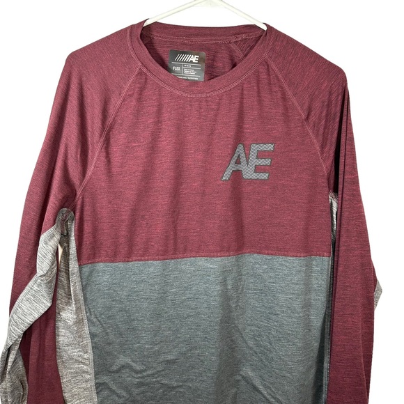 American Eagle Mens Flex Shirt Size MED Maroon Gray Active Stretch Long Sleeve - Picture 6 of 8